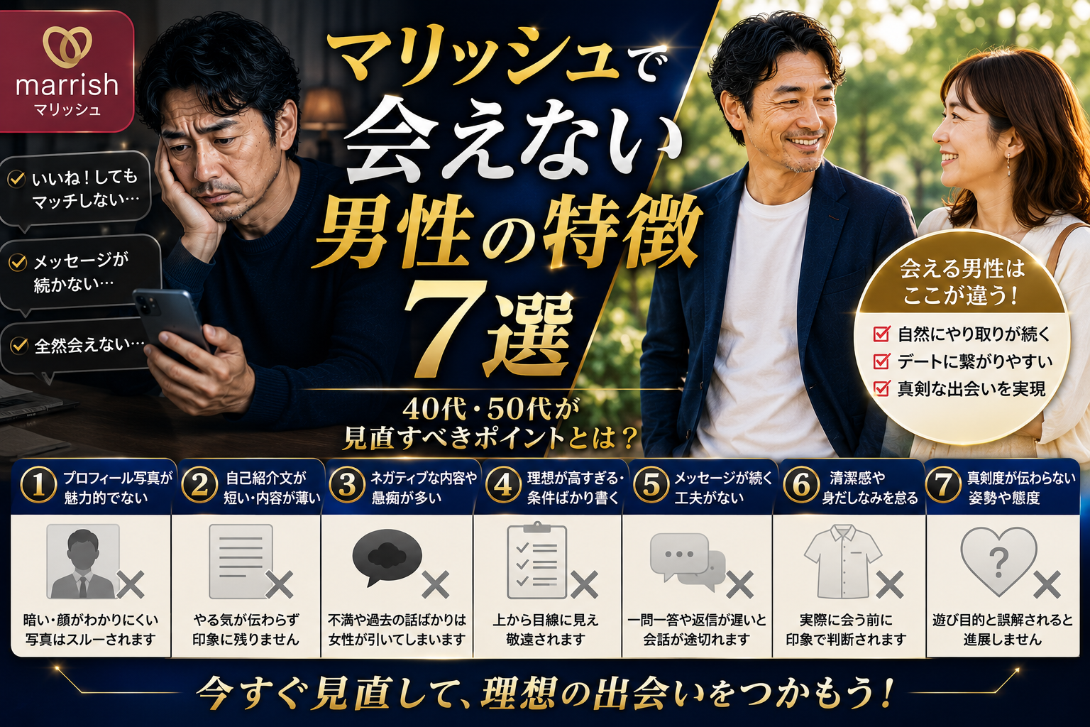 マリッシュで会えない男性の特徴7選｜40代・50代が見直すべきポイントとは？