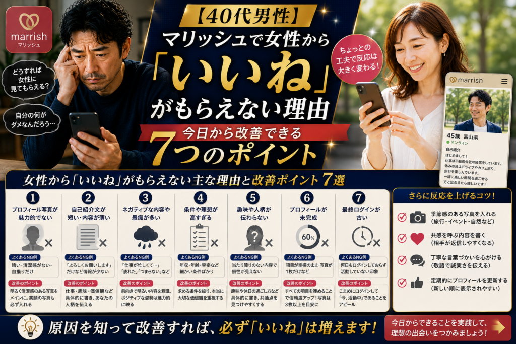 【40代男性】マリッシュで女性から「いいね」がもらえない理由｜今日から改善できる7つのポイント