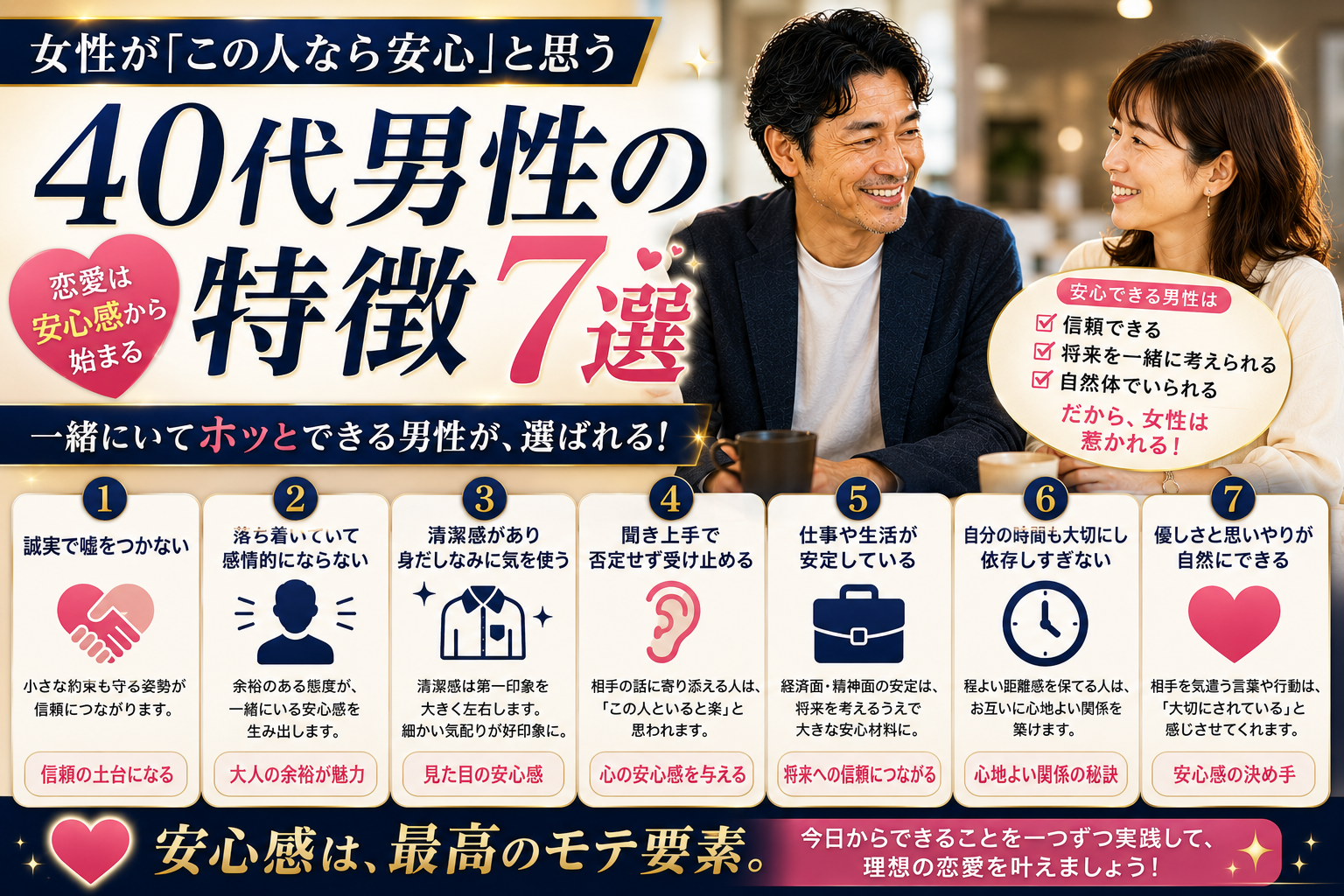 女性が「この人なら安心」と思う40代男性の特徴7選|恋愛は安心感から始まる