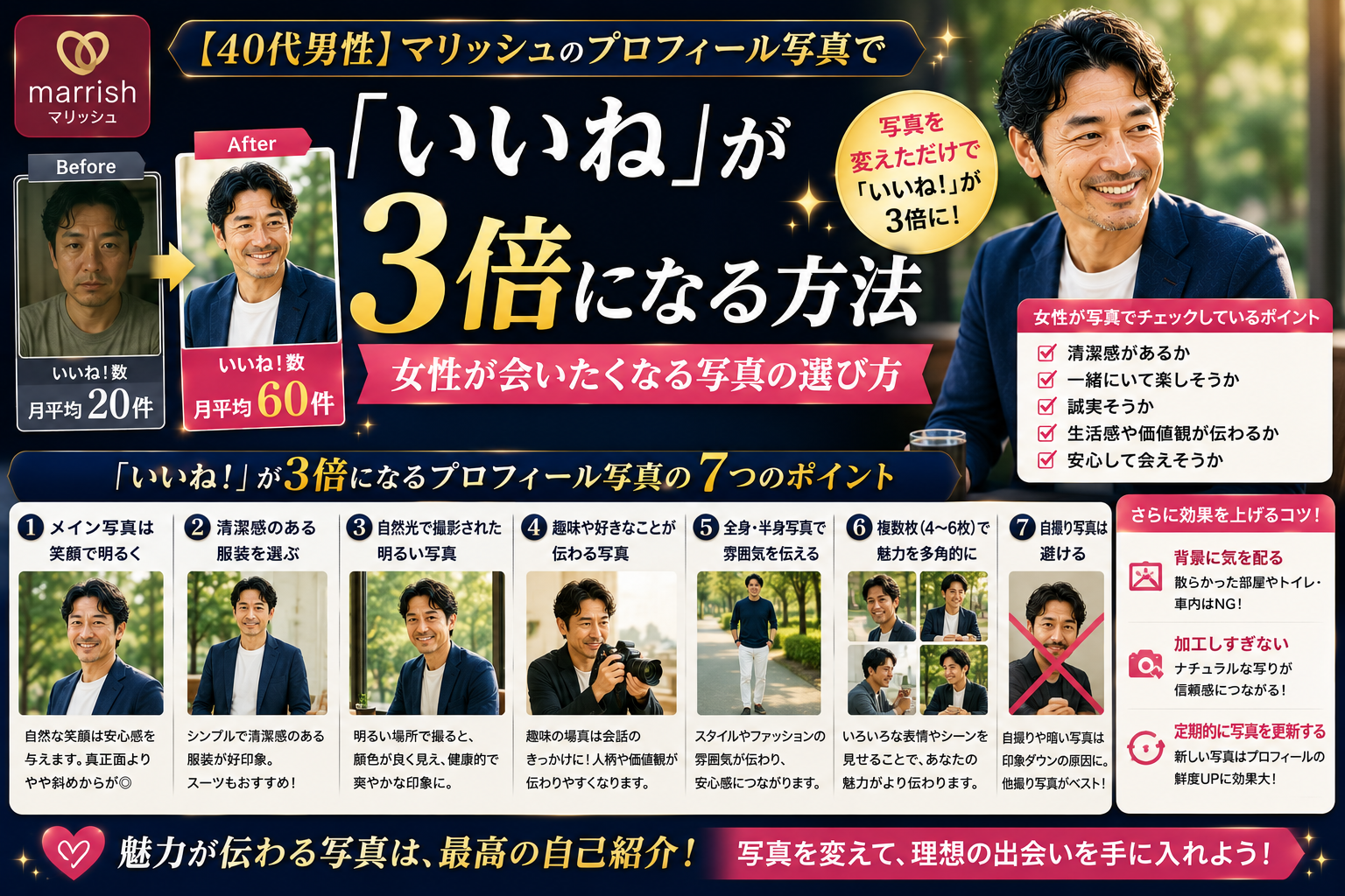 【40代男性】マリッシュのプロフィール写真で「いいね」が3倍になる方法｜女性が会いたくなる写真の選び方
