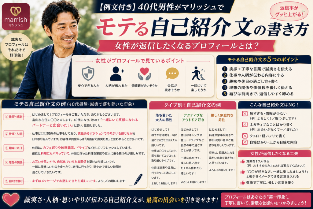 【例文付き】40代男性がマリッシュでモテる自己紹介文の書き方｜女性が返信したくなるプロフィールとは？