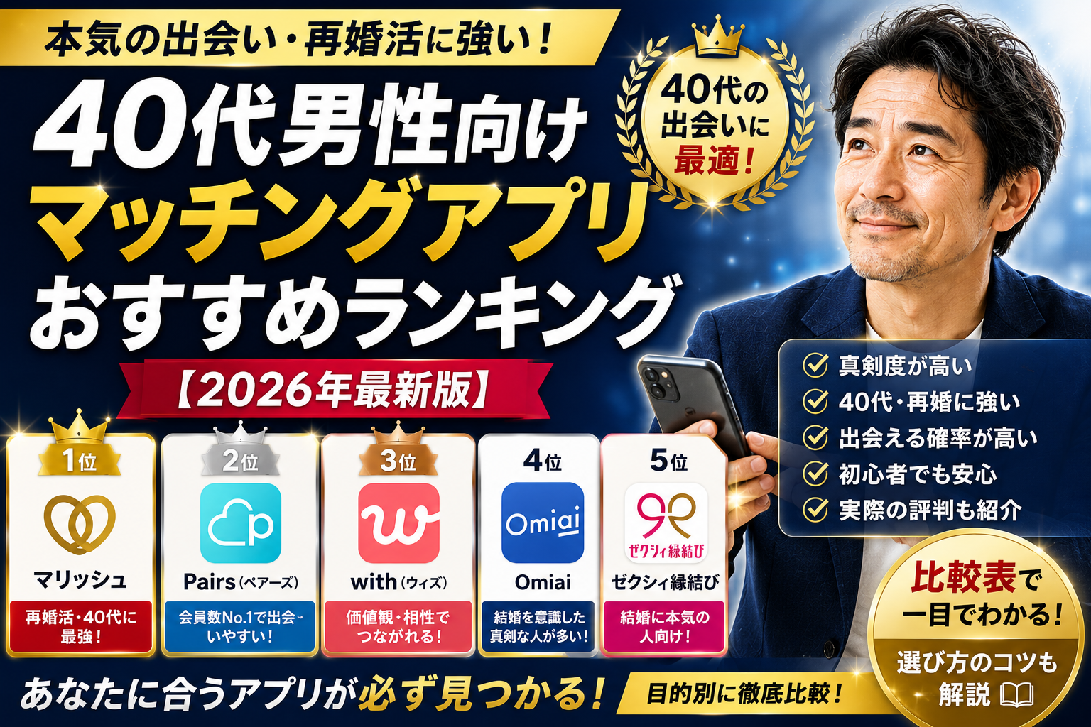 40代男性向けマッチングアプリおすすめランキング【2026年最新版】